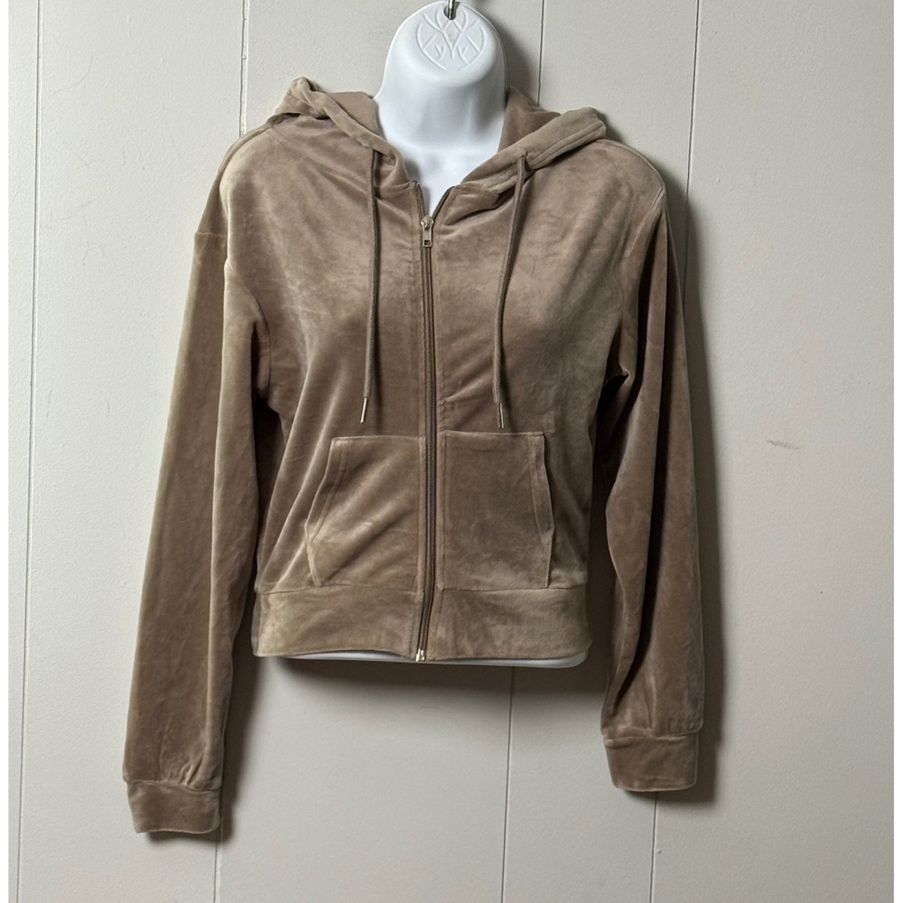 Refuge Athletics Women's Velour Zip Up Hoodie Brown Taupe Sweatshirt Size Small